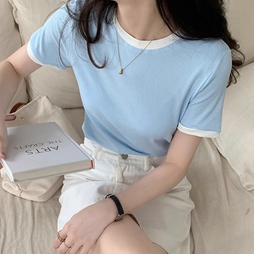 TDN-0064  여성 빈티지 골지 라인 배색 반팔티 