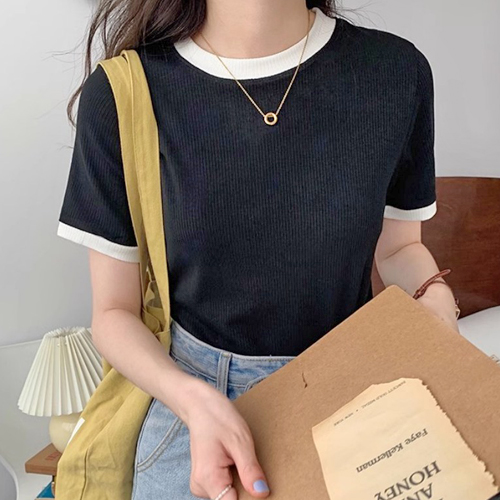 TDN-0064  여성 빈티지 골지 라인 배색 반팔티 